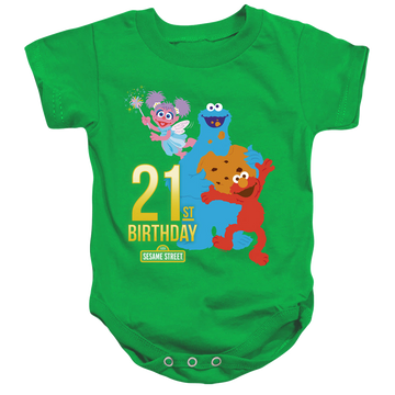 Kelly green baby bodysuit with Sesame Street 21St Birthday graphic