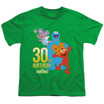 Kelly green youth t-shirt for ages 8 to 12 with Sesame Street 30Th Birthday graphic