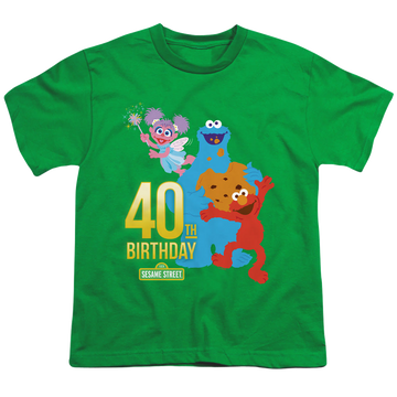 Kelly green youth t-shirt for ages 8 to 12 with Sesame Street 40Th Birthday graphic