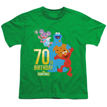 Kelly green youth t-shirt for ages 8 to 12 with Sesame Street 70Th Birthday graphic