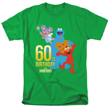Kelly green men's regular fit t-shirt with Sesame Street 60Th Birthday graphic