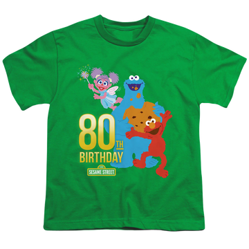 Kelly green youth t-shirt for ages 8 to 12 with Sesame Street 80Th Birthday graphic