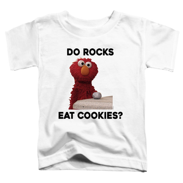 White toddler t-shirt with Sesame Street Do Rocks Eat Cookies? graphic