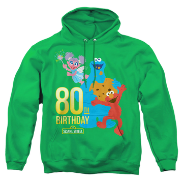 Kelly green pullover hoodie with Sesame Street 80Th Birthday graphic
