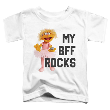 White toddler t-shirt with Sesame Street Zoe Bff Rocks graphic