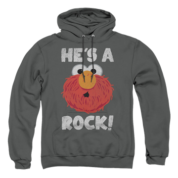 Charcoal pullover hoodie with Sesame Street He's A Rock graphic