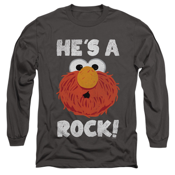 Charcoal men's long sleeve t-shirt with Sesame Street He's A Rock graphic