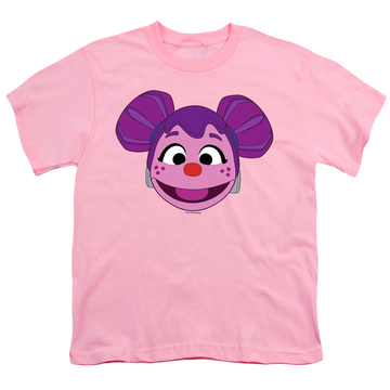 Pink youth t-shirt for ages 8 to 12 with Sesame Street Mecha Abby Face graphic