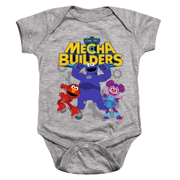 Athletic heather baby bodysuit with Sesame Street Mecha Builders Group graphic