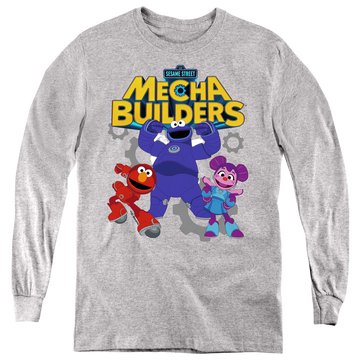 Athletic heather youth long sleeve t-shirt with Sesame Street Mecha Builders Group graphic