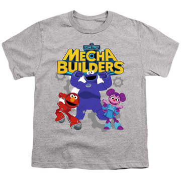 Athletic heather youth t-shirt for ages 8 to 12 with Sesame Street Mecha Builders Group graphic