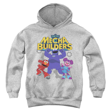 Athletic heather youth hoodie for ages 8 to 12 with Sesame Street Mecha Builders Group graphic