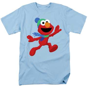 Light blue men's regular fit t-shirt with Sesame Street Furry Friends Forever! Elmo's Winter Run graphic