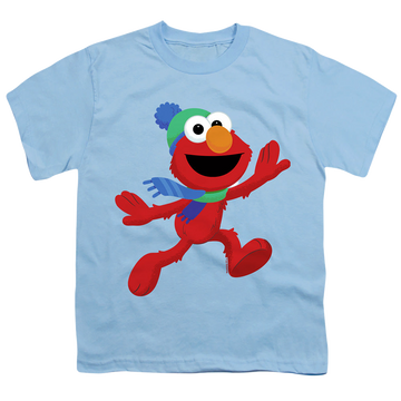 Light blue youth t-shirt for ages 8 to 12 with Sesame Street Furry Friends Forever! Elmo's Winter Run graphic