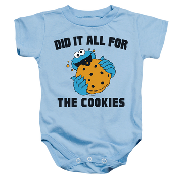Light blue baby bodysuit with Sesame Street All For The Cookies graphic