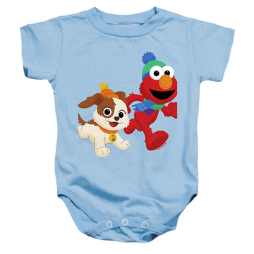 Light blue baby bodysuit with Sesame Street Best Friends, Elmo And Tango Winter Fun graphic