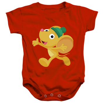 Red baby bodysuit with Sesame Street Furry Friend, Little Mouse graphic