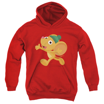 Red youth hoodie for ages 8 to 12 with Sesame Street Furry Friend, Little Mouse graphic