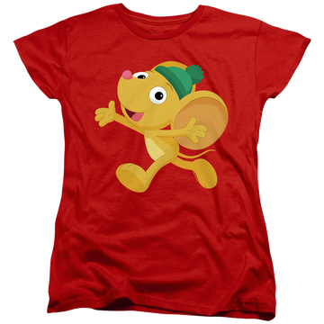 Red women's t-shirt with Sesame Street Furry Friend, Little Mouse graphic