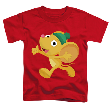 Red toddler t-shirt with Sesame Street Furry Friend, Little Mouse graphic
