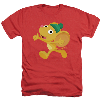 Red men's heather t-shirt with Sesame Street Furry Friend, Little Mouse graphic