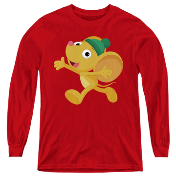 Red youth long sleeve t-shirt with Sesame Street Furry Friend, Little Mouse graphic