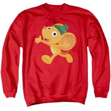 Red men's crewneck sweatshirt with Sesame Street Furry Friend, Little Mouse graphic