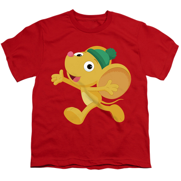 Red youth t-shirt for ages 8 to 12 with Sesame Street Furry Friend, Little Mouse graphic