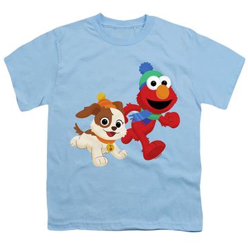 Light blue youth t-shirt for ages 8 to 12 with Sesame Street Best Friends, Elmo And Tango Winter Fun graphic