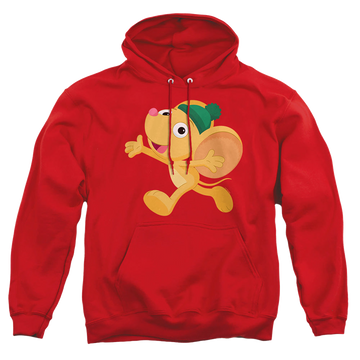 Red pullover hoodie with Sesame Street Furry Friend, Little Mouse graphic
