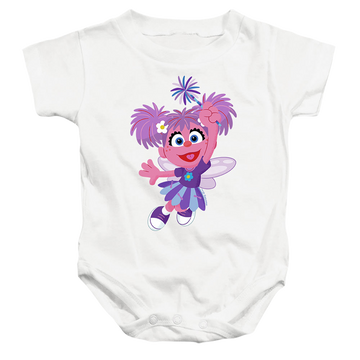 White baby bodysuit with Sesame Street Furry Friends Forever! Abby Cadabby graphic