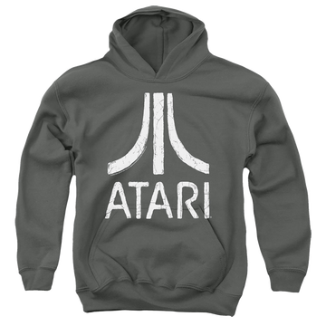 Charcoal youth hoodie for ages 8 to 12 with Atari Rough Logo graphic