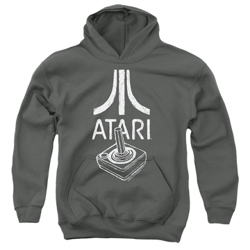 Charcoal youth hoodie for ages 8 to 12 with Atari Joystick Logo graphic
