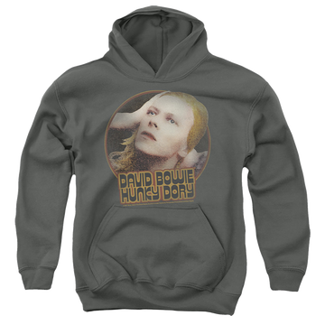 Charcoal youth hoodie for ages 8 to 12 with David Bowie Hunky Dory Circle graphic
