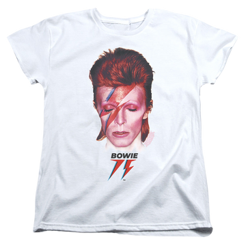 White women's t-shirt with David Bowie Aladdin Sane 75 graphic