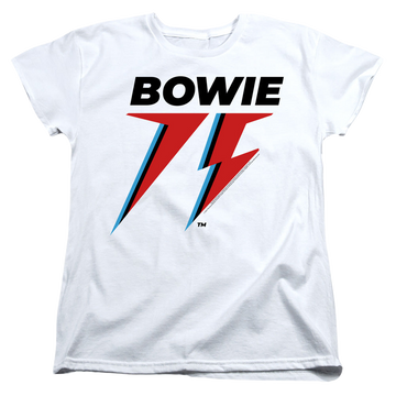 White women's t-shirt with David Bowie Bowie 75 Logo graphic