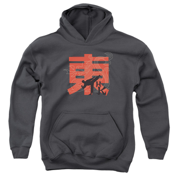 Charcoal youth hoodie for ages 8 to 12 with Hai Karate Hk Kick graphic