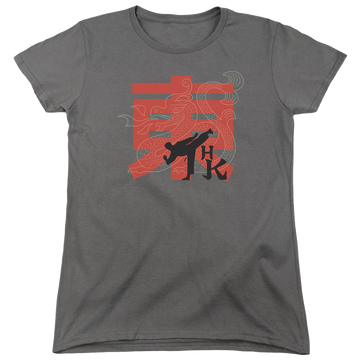 Charcoal women's t-shirt with Hai Karate Hk Kick graphic