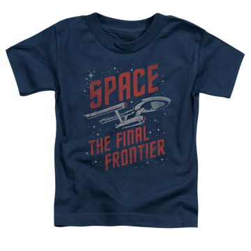 Navy kid's t-shirt for ages 4 to 7 with Star Trek The Original Series Space Travel graphic