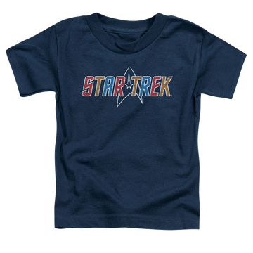 Navy kid's t-shirt for ages 4 to 7 with Star Trek The Original Series Multi Colored Logo graphic