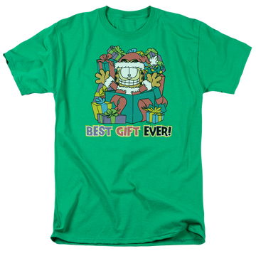 Kelly green men's regular fit t-shirt with Garfield Best Gift Ever graphic
