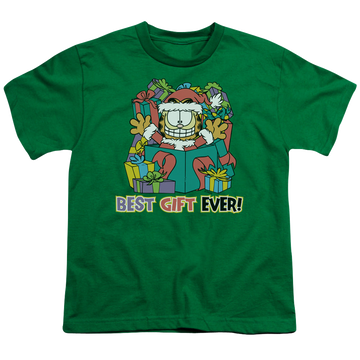 Kelly green youth t-shirt for ages 8 to 12 with Garfield Best Gift Ever graphic