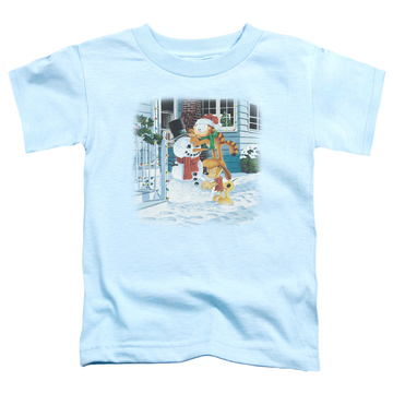 Light blue kid's t-shirt for ages 4 to 7 with Garfield Snow Fun graphic