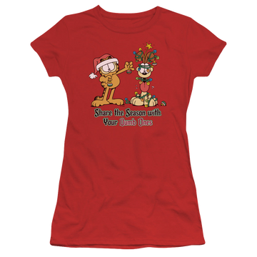 Red juniors t-shirt with Garfield Share The Season graphic