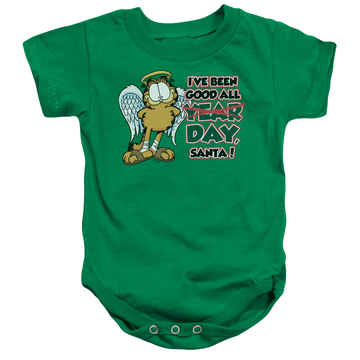 Kelly green baby bodysuit with Garfield Ive Been Good graphic
