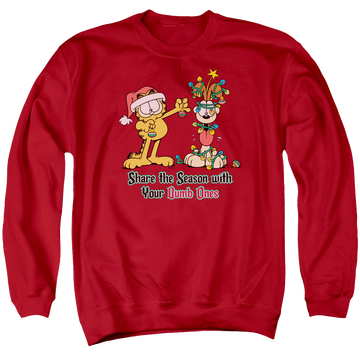 Red men's crewneck sweatshirt with Garfield Share The Season graphic
