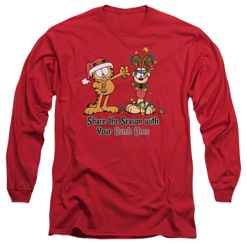 Red men's long sleeve t-shirt with Garfield Share The Season graphic