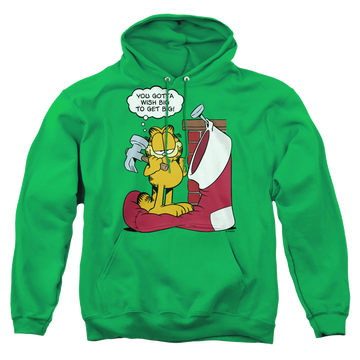 Kelly green pullover hoodie with Garfield Wish Big graphic