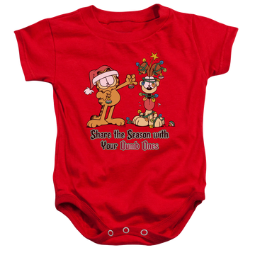 Red baby bodysuit with Garfield Share The Season graphic