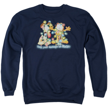 Navy men's crewneck sweatshirt with Garfield Bright Holidays graphic